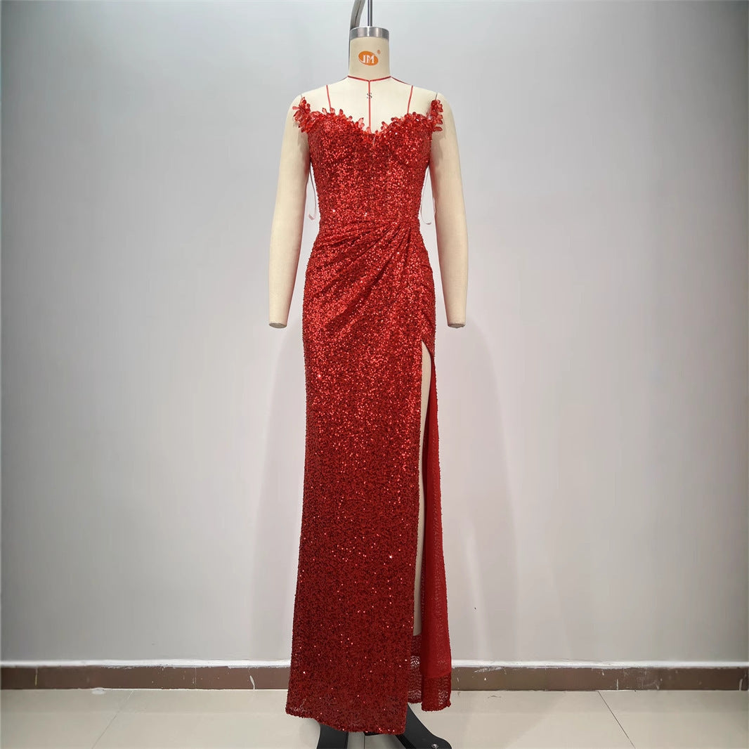 Red Diamond Sequin Tube Gown – Sexy High Slit Evening Dress Feminé Luxé
