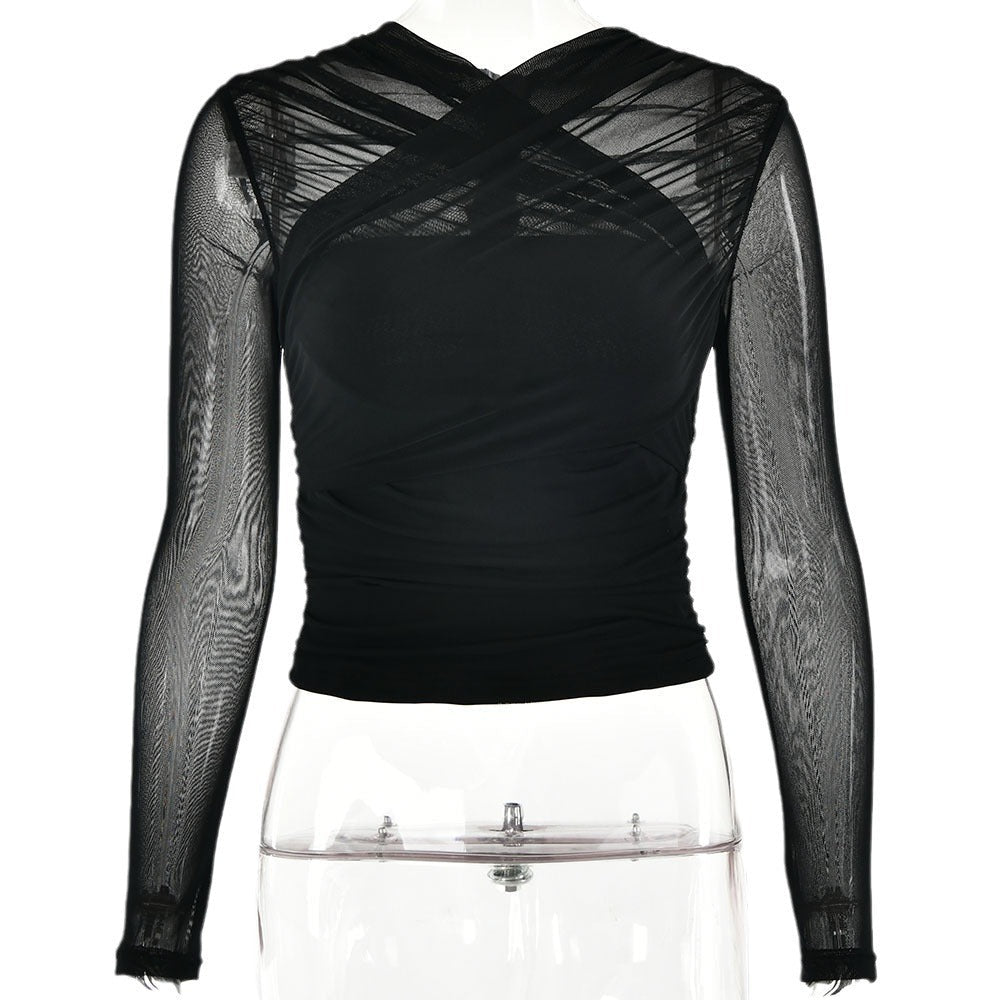 The Allure Crisscross Mesh Top – Long Sleeve Sculptural Design Feminé Luxé
