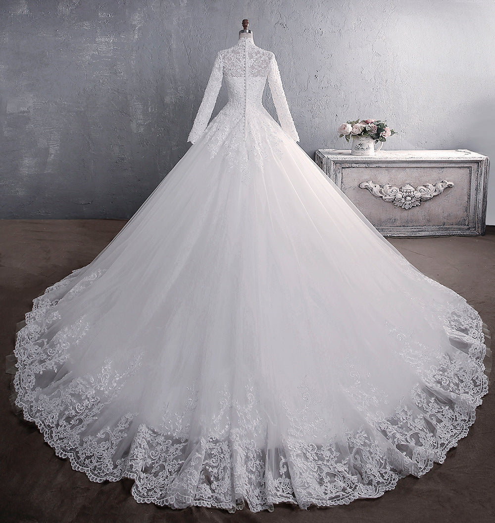 Regal High-Neck Lace Bridal Gown - Timeless Long Sleeve Ballgown with Train Feminé Luxé