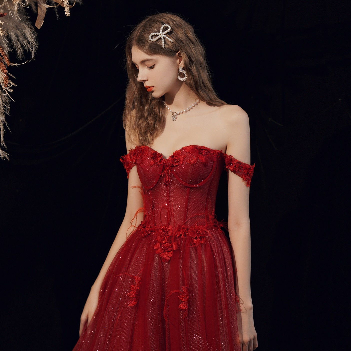 Wine Red Off-Shoulder Lace & Tulle Evening Gown Feminé Luxé