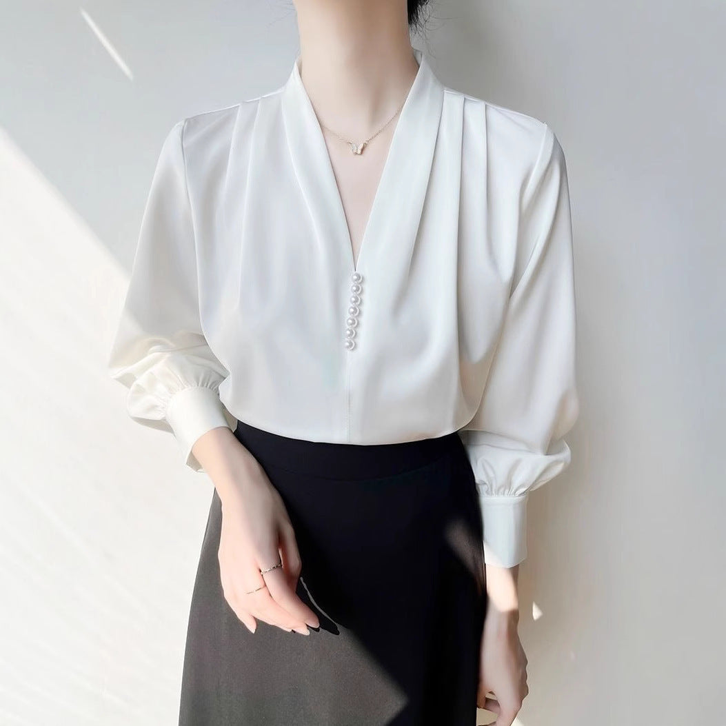 Elegant V-Neck Draped Chiffon Blouse - Chic & Sophisticated Feminé Luxé