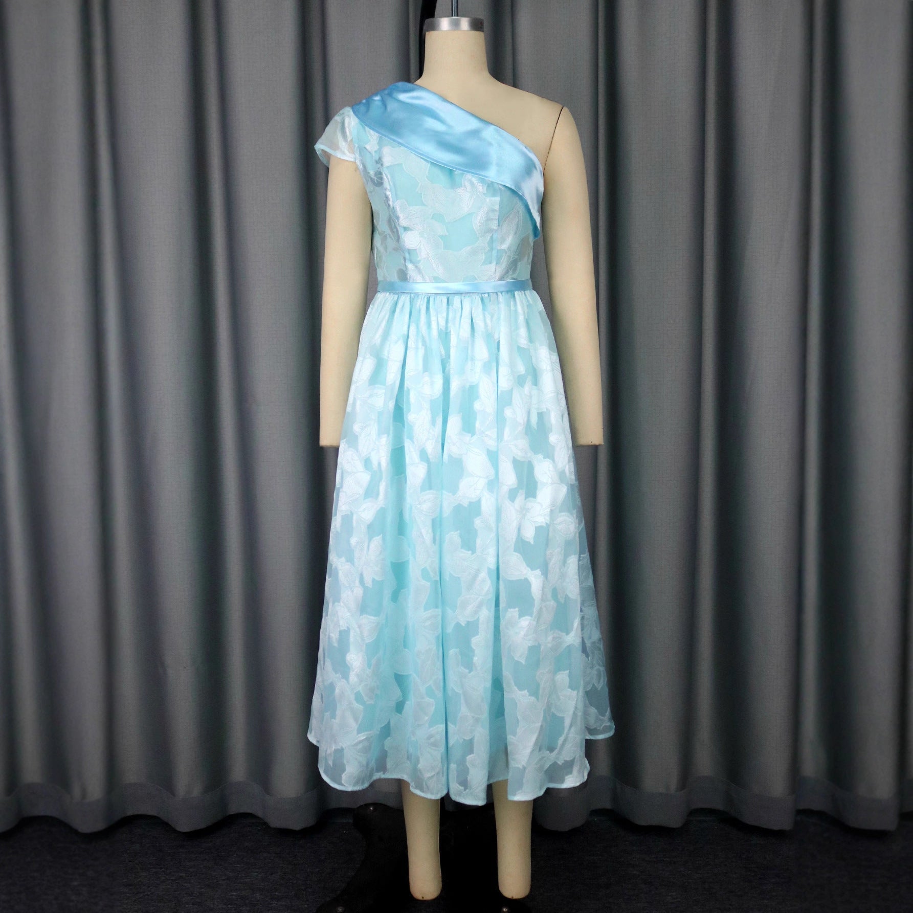 One-Shoulder Jacquard Contrast Evening Dress – Elegant Midi Banquet Gown Feminé Luxé