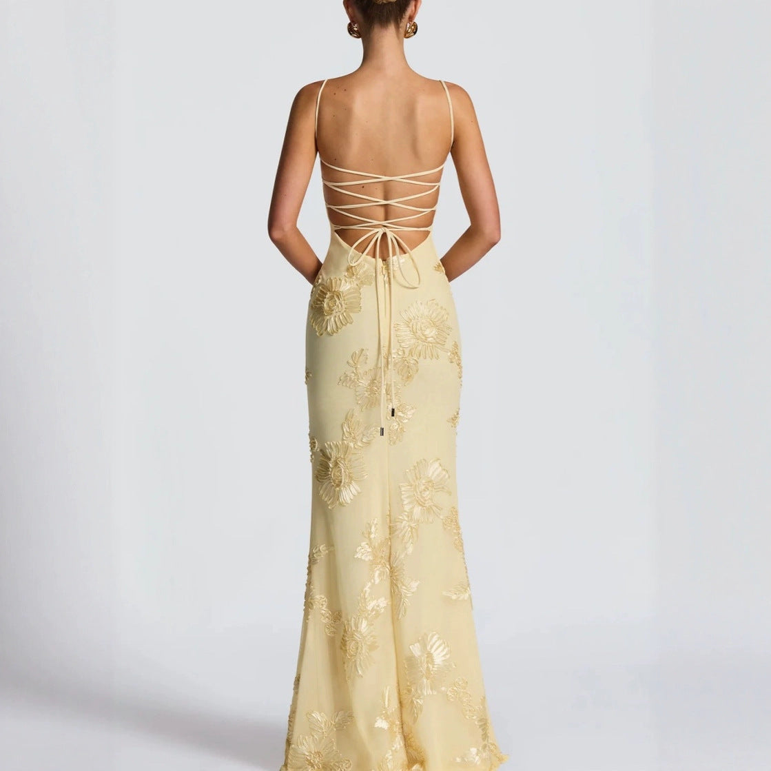 Golden Bloom Satin Dress — Luxe Floral Silk Elegance Feminé Luxé