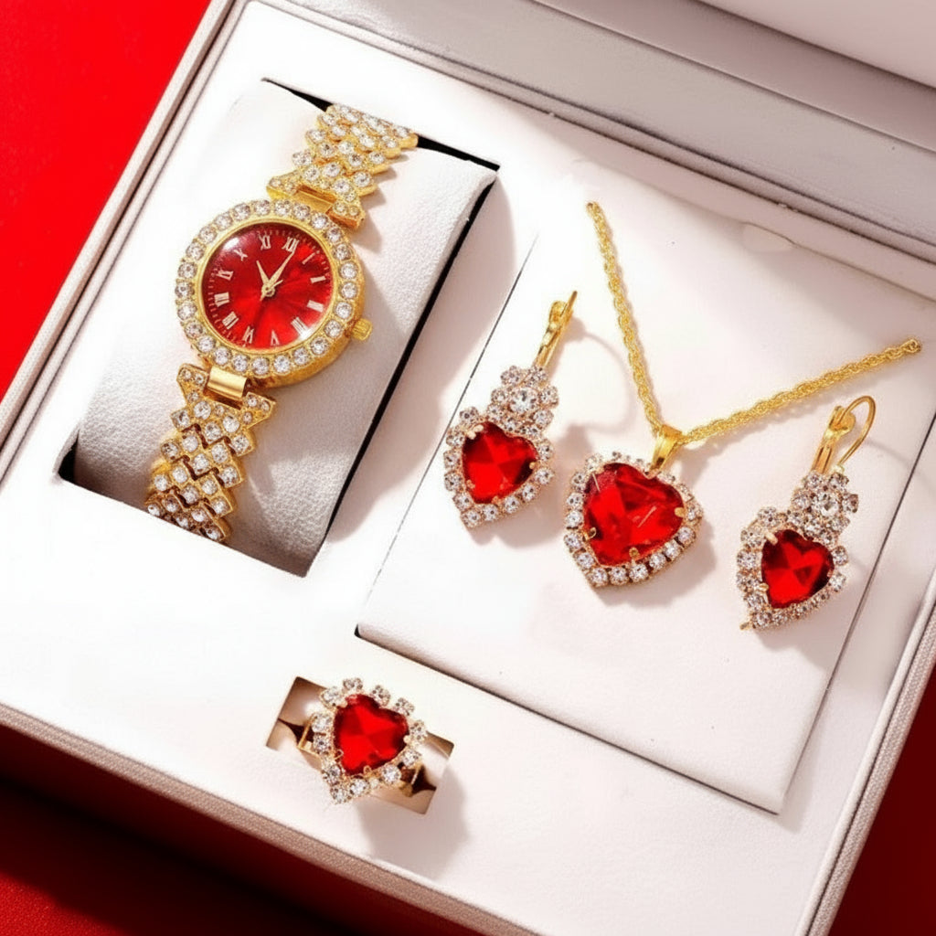 Luxurious 4-Piece Love Heart Crystal Watch & Jewelry Set (Red/Green/Blue) Feminé Luxé