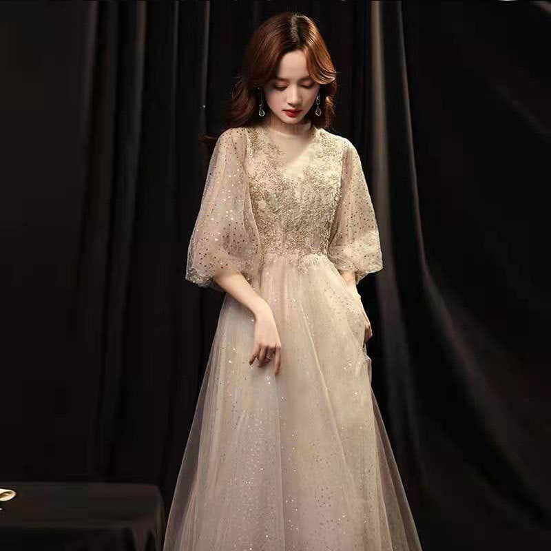 Golden Glitter Sheer Sleeve Banquet Evening Gown Feminé Luxé