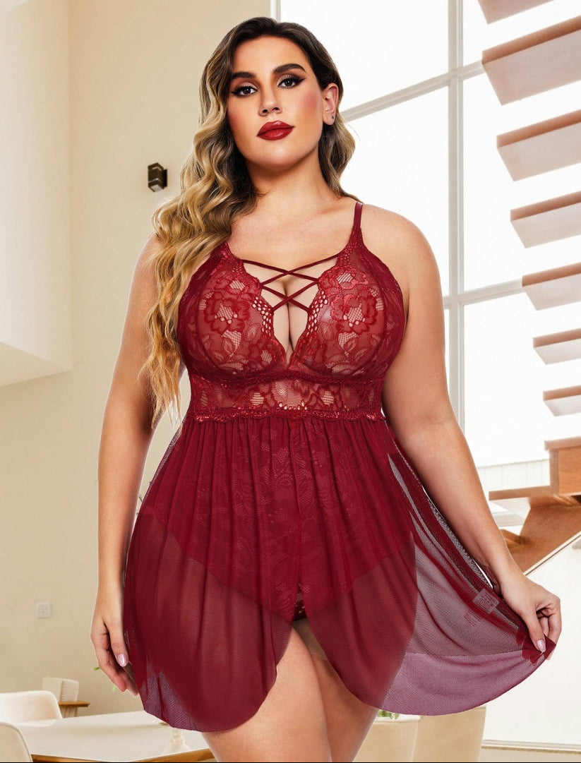 Plus Size Comfort V-Neck Lace and Mesh Babydoll Nightwear Feminé Luxé
