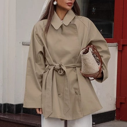The Utility Luxe Shacket: Belted Short Trench in Khaki Feminé Luxé