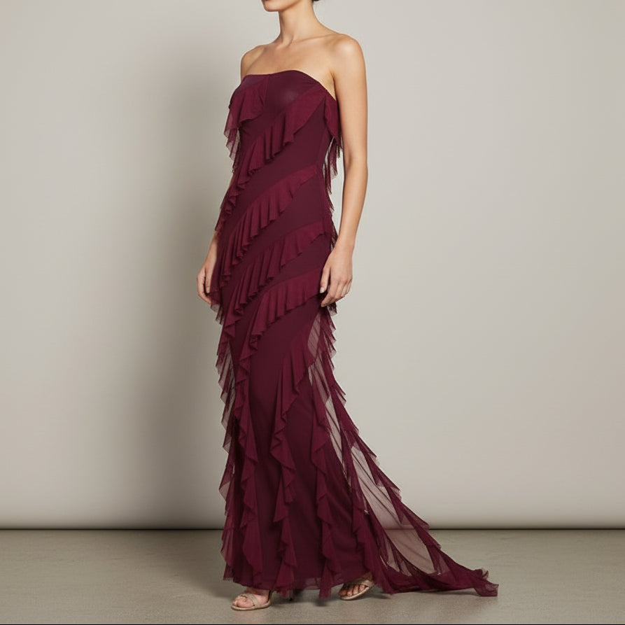 Dramatik Ruffle Tiered Bandeau Gown | Asymmetric High-Slit Party & Gala Dress Feminé Luxé