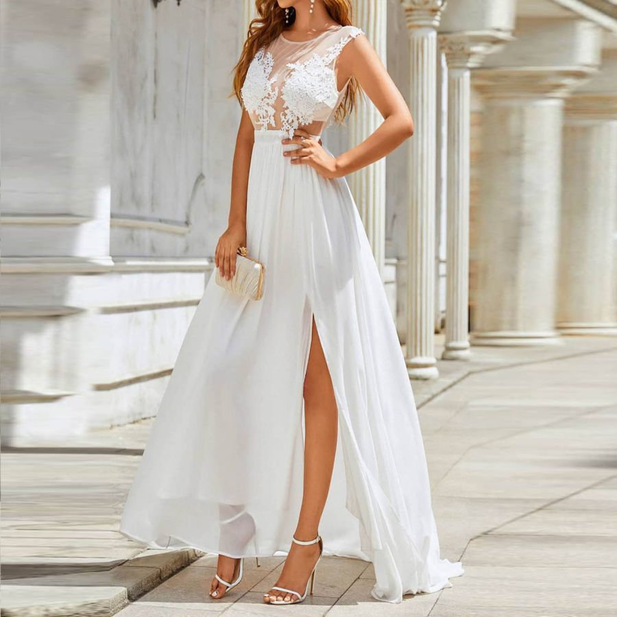 Bohemian Chiffon & Lace High-Slit Gown - Modern Destination Wedding Dress Feminé Luxé