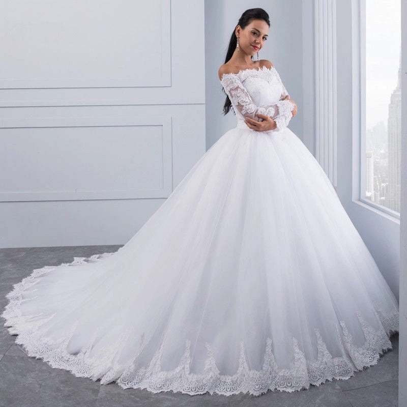 Majestic Off-the-Shoulder Lace Ball Gown - Grand Princess Bridal Dress with Cathedral Train Feminé Luxé