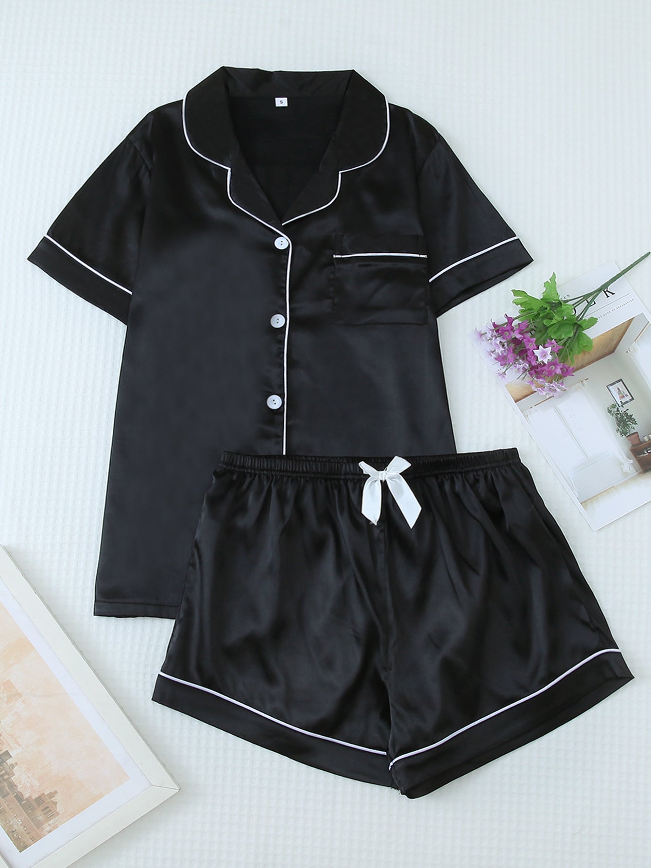 Effortless Silky Satin Pajama Set - Short Sleeve Top & Long Pants Loungewear Feminé Luxé