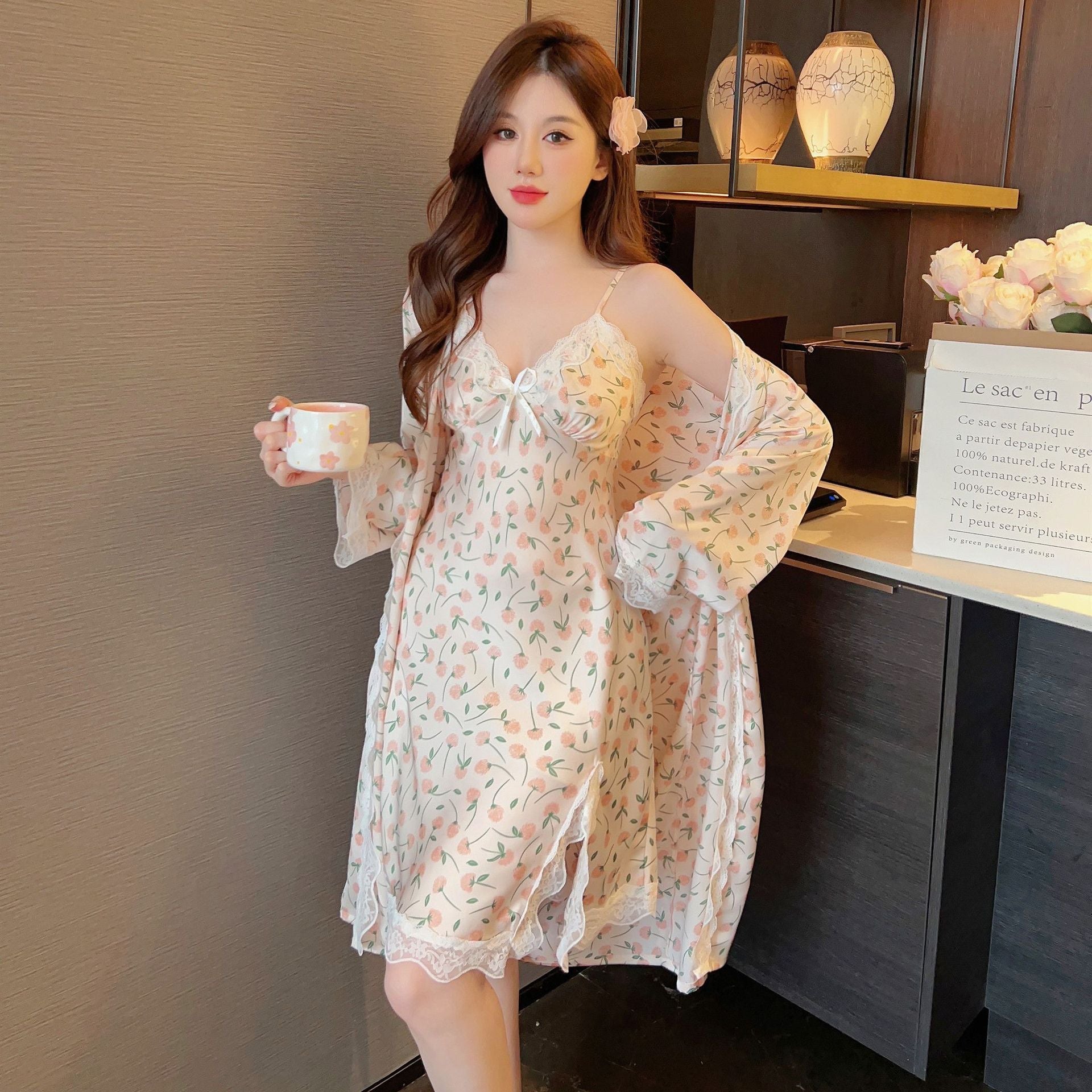 Feminé Luxé Exclusive The Serene Ice Silk Robe and Padded Chemise Set - Two-Piece Luxury Feminé Luxé