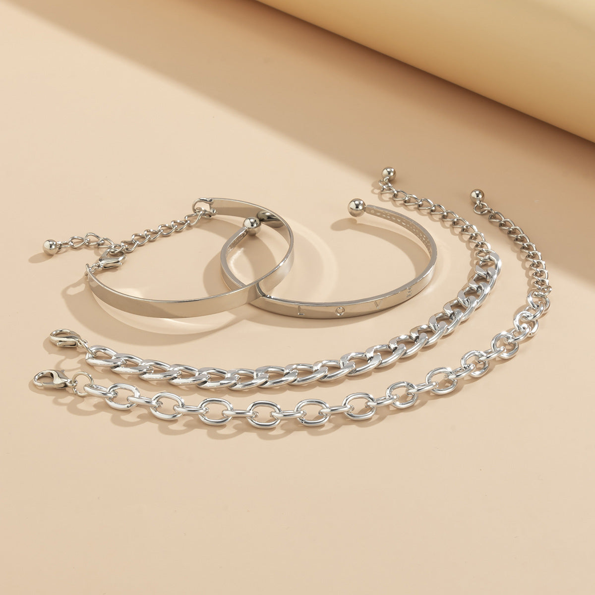 Minimalist 3-Piece Smooth Cuff & Layered Chain Bracelet Set (Gold/Silver Tone) Feminé Luxé