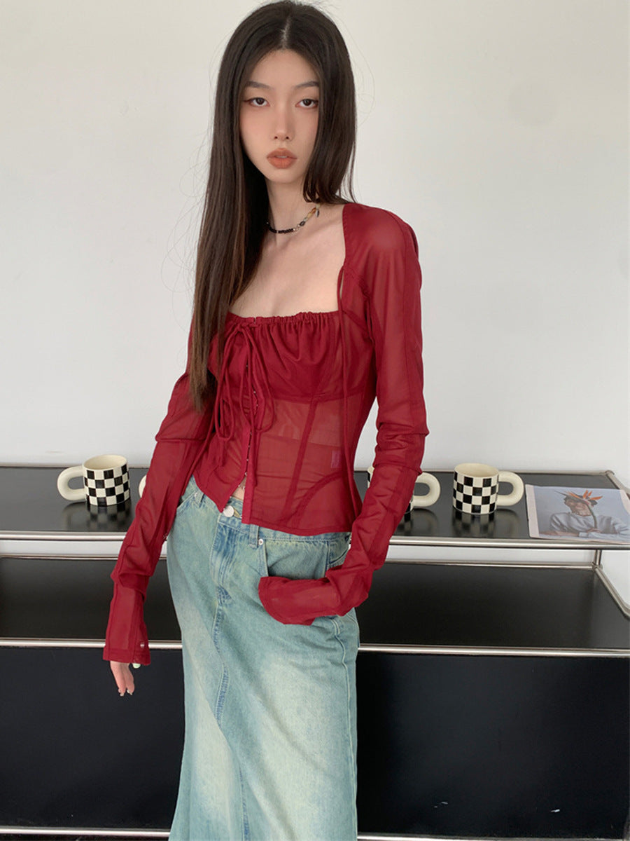 Sheer Mesh Lace-Up Corset Top | Long Sleeve Ruched Bustier Blouse Feminé Luxé
