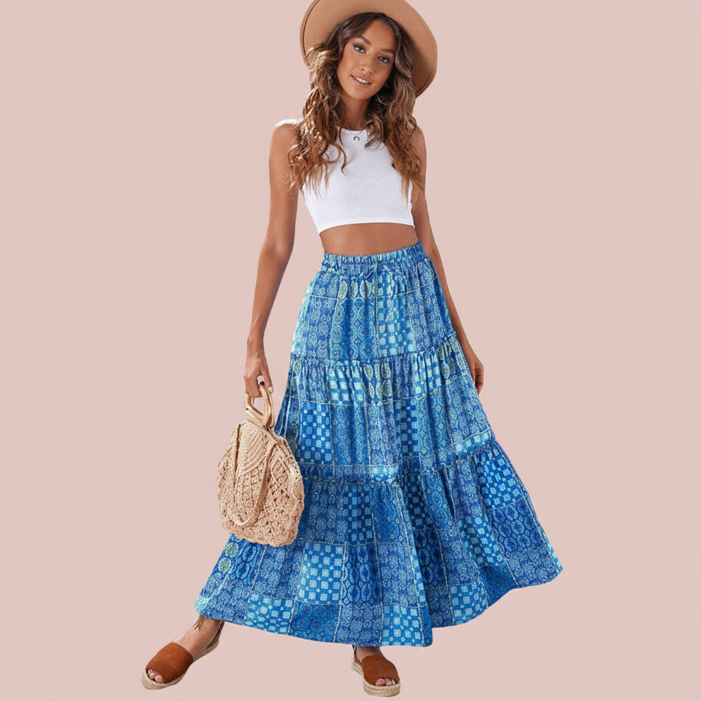 The Bohemian Resort Tiered Maxi Skirt | High-Rise & Hand-Printed Look Feminé Luxé