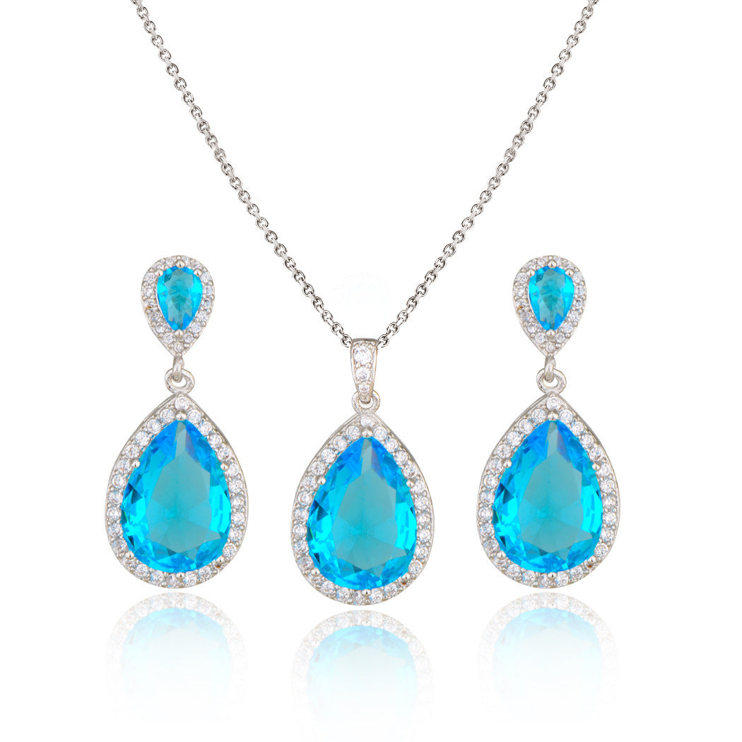 Vibrant Teardrop Zircon Bridal Set: Diamond-Treated Necklace & Earrings in 14K Gold/Platinum Plating for Bold Elegance Feminé Luxé