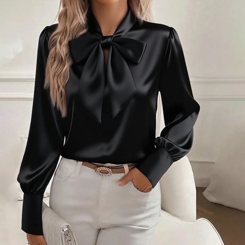 Luxurious Satin Bow Tie Long Sleeve Blouse - High-Fashion Statement Feminé Luxé