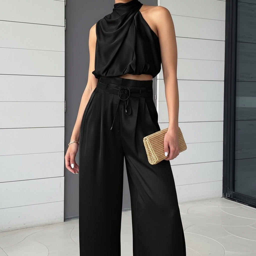 The Riviera Halter Crop Top & Wide-Leg Trousers Set | Summer Luxe Co-Ord Feminé Luxé