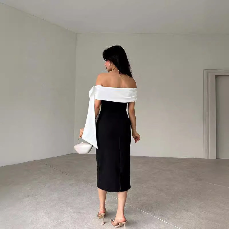 Elegant Off-Shoulder Black & White Bow Dress Feminé Luxé