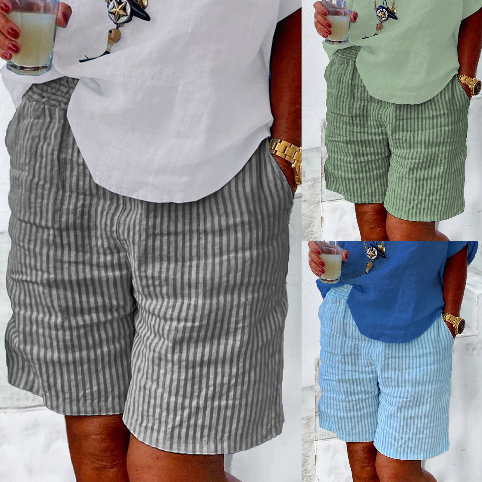 Linen Blend Striped Loose Casual Summer Shorts Feminé Luxé