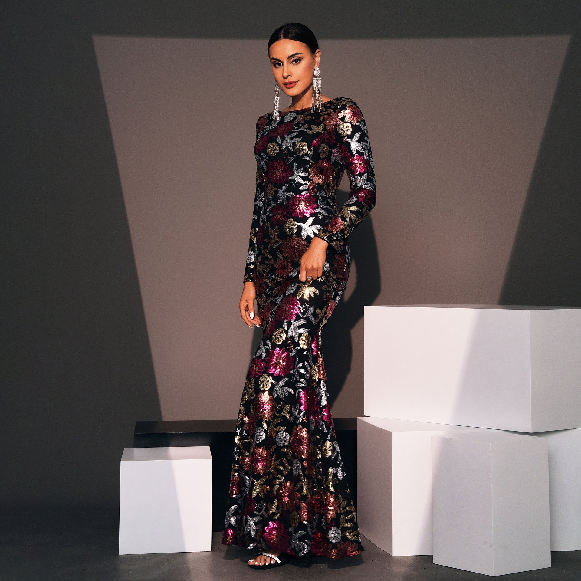 Floral Sequin Long Sleeve Crew Neck Evening Gown Feminé Luxé