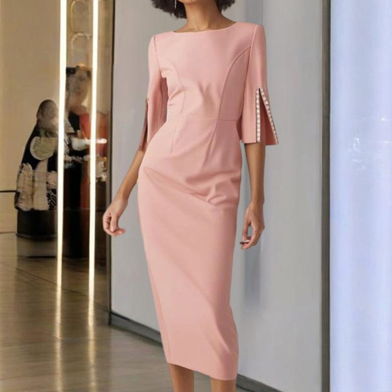 Sophisticated Long Sleeve Midi Dress with Pearl Detailing - Formal & Cocktail Wear Feminé Luxé