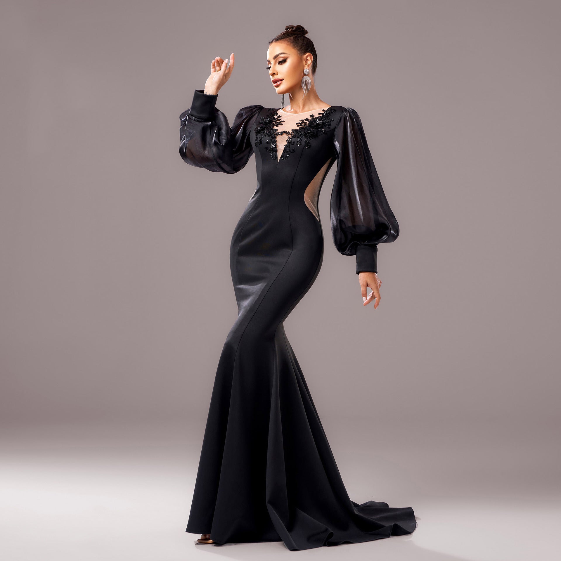Black Majesty Long Sleeve Sheer Banquet Fishtail Gown Feminé Luxé