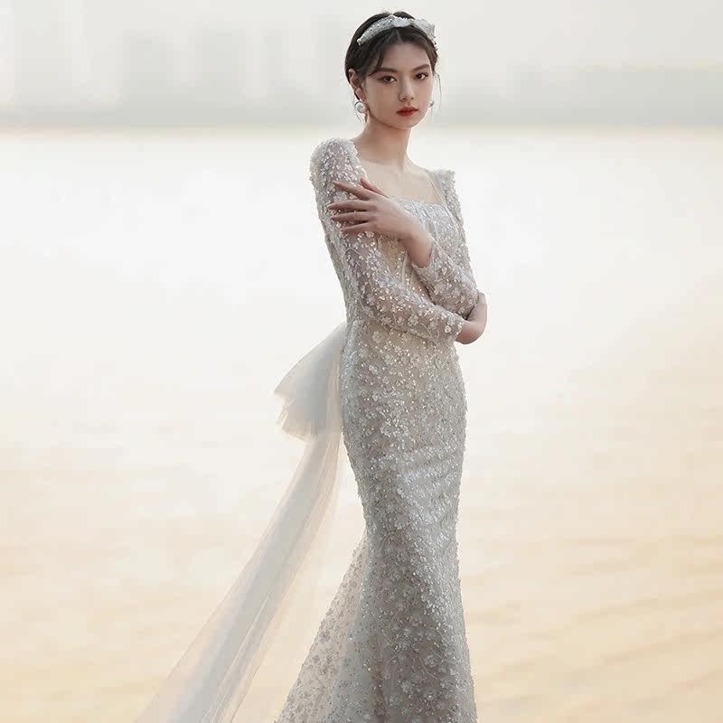 French Style Lace Fishtail Wedding Dress with Long Sleeves Feminé Luxé