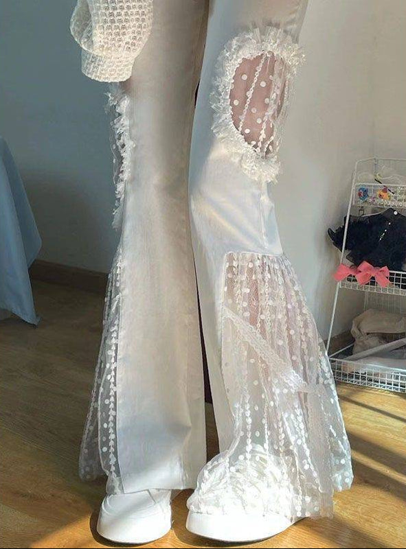 Feminé Luxé Exclusive Elegant High-Waist Lace-Panel Micro Flare Trousers Feminé Luxé