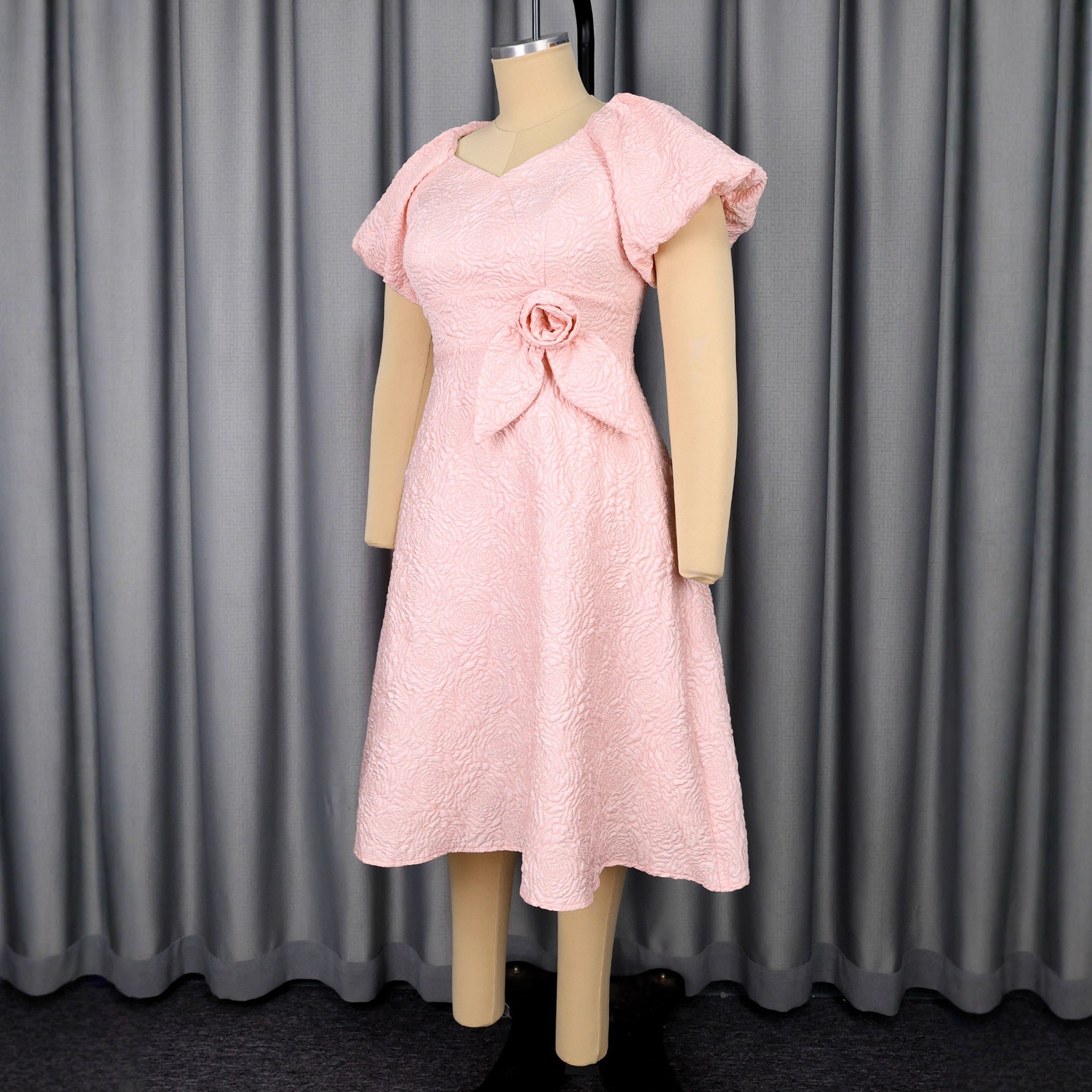 Pink Puff Sleeve Bow Midi Dress Feminé Luxé