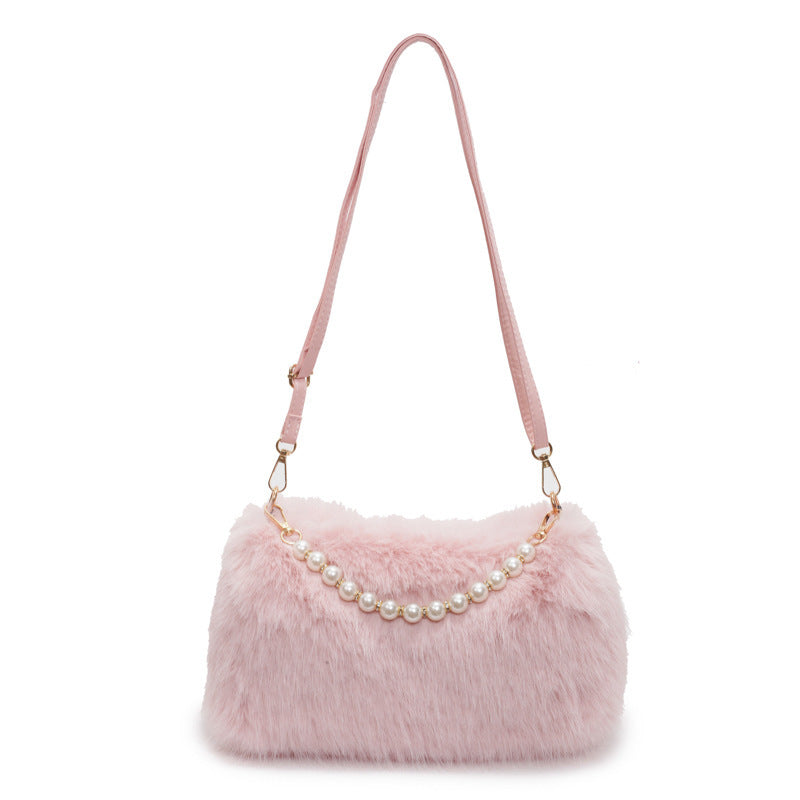 The Étoile Pearl-Chain Plush Crossbody – Luxury Faux Fur Winter Statement Bag Feminé Luxé