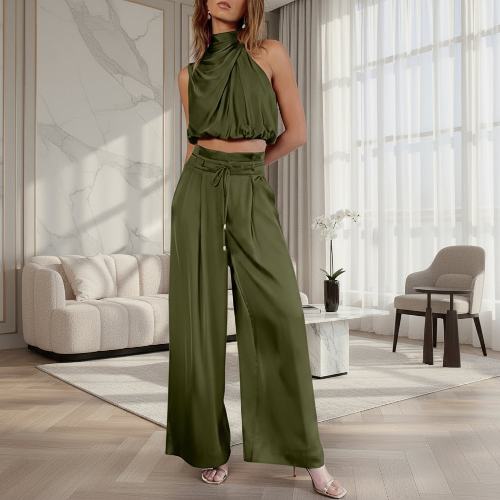 The Riviera Halter Crop Top & Wide-Leg Trousers Set | Summer Luxe Co-Ord Feminé Luxé