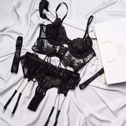 Ethereal Lace Hollow-Out Garter Lingerie Set Feminé Luxé