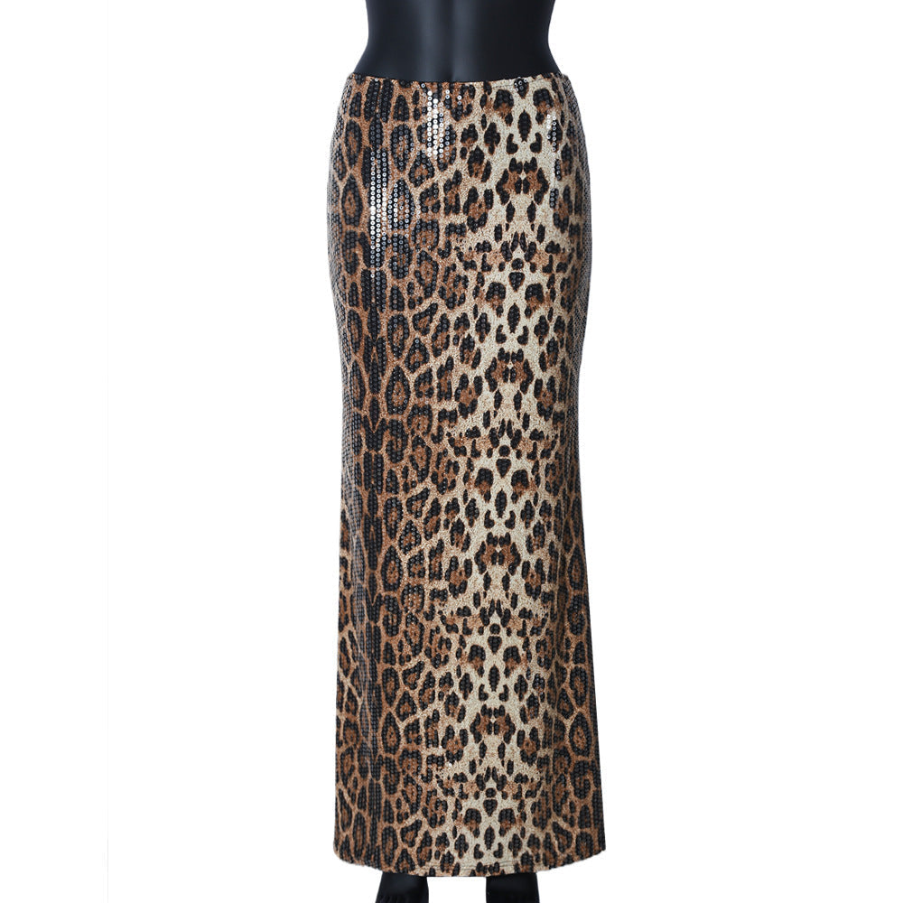 Leopard Print Sequin Stitching Stretch Skirt Feminé Luxé