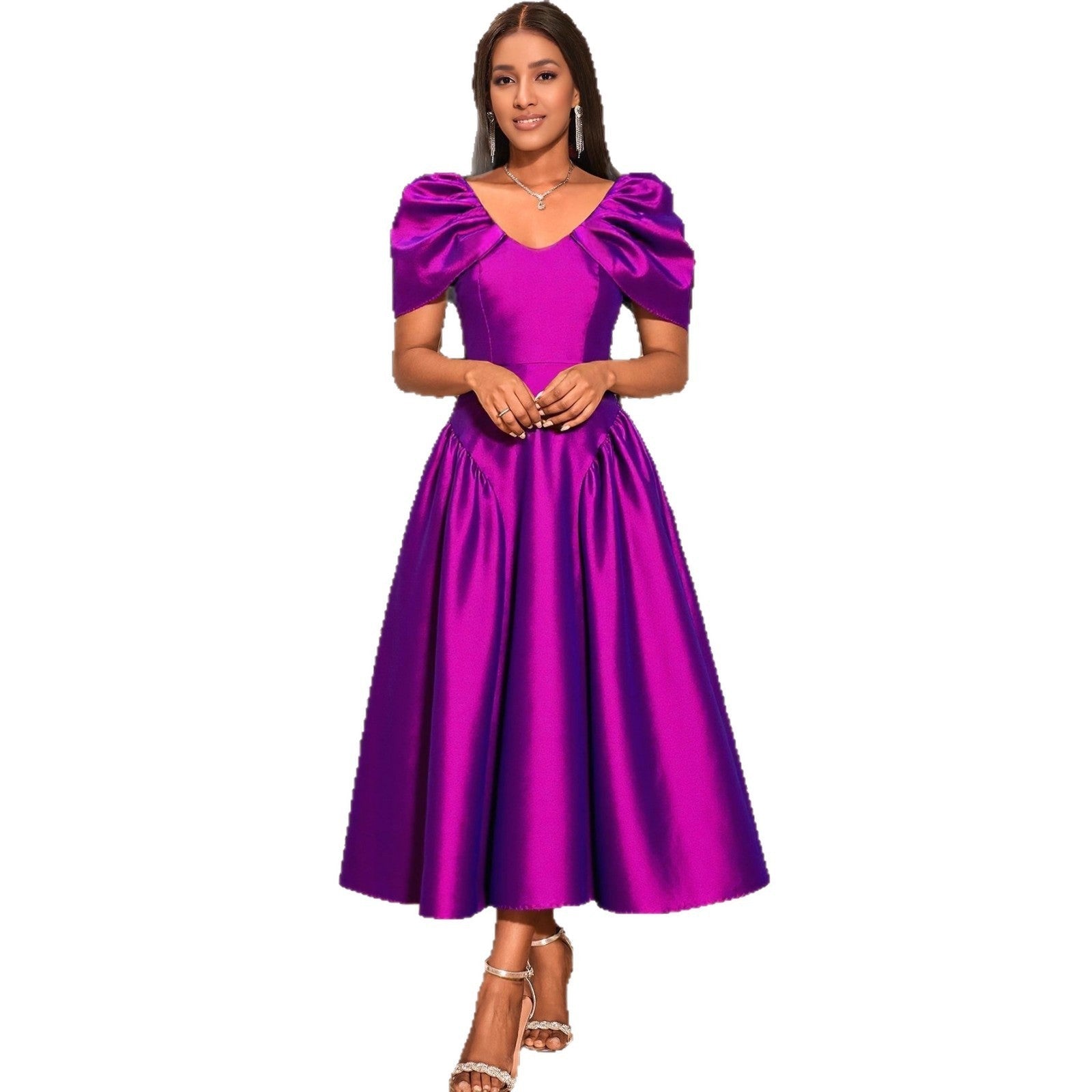 Puff Sleeve Satin Evening Banquet Dress Feminé Luxé
