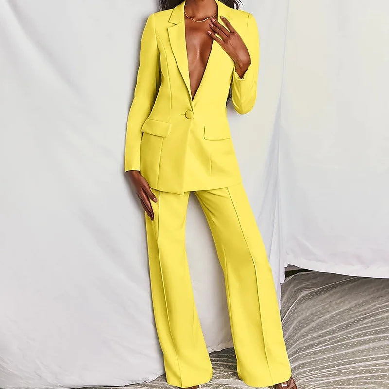 Elegant Spring Solid Color Blazer & Wide Leg Pant Set Feminé Luxé