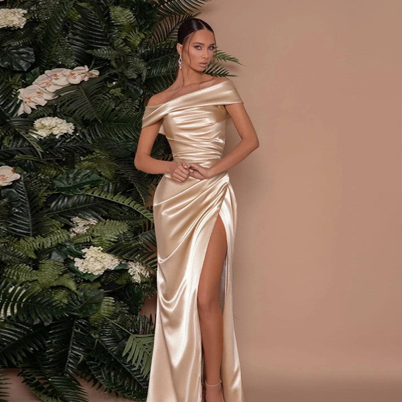 Elegant Satin Halter Neck Evening Gown with High Slit Feminé Luxé