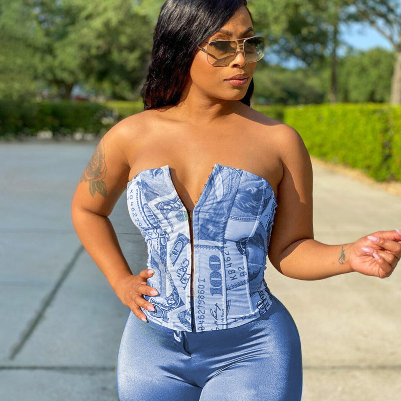 Printed Strapless Corset Top | Zipper Front Sleeveless Bustier Feminé Luxé