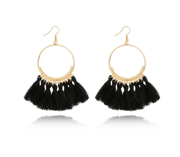 Bohemian Grande Tassel Hoop Earrings | Hand-Woven Fringe Dangles in Geometric Gold Finish Feminé Luxé