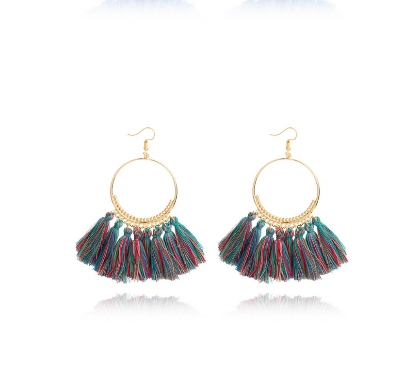Bohemian Grande Tassel Hoop Earrings | Hand-Woven Fringe Dangles in Geometric Gold Finish Feminé Luxé