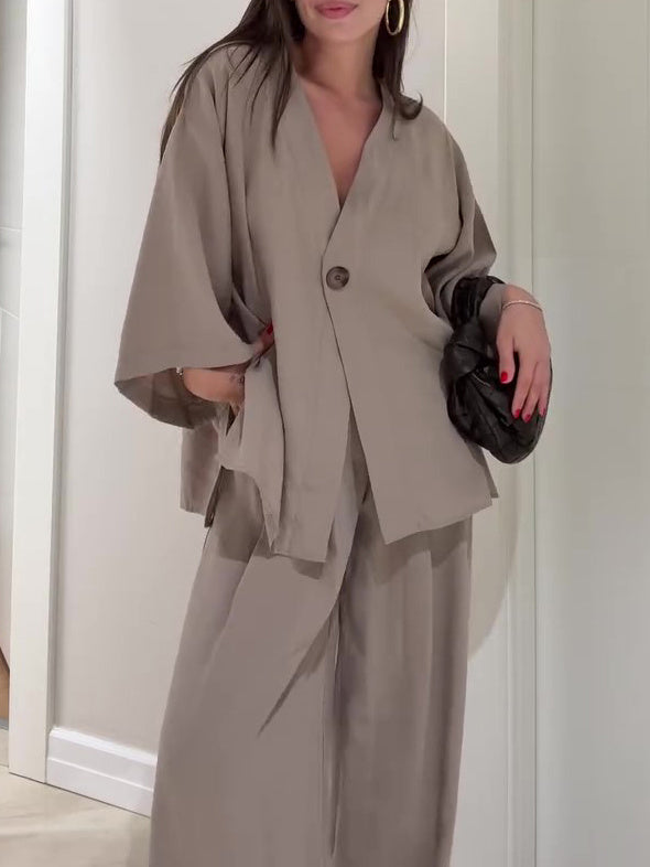 Minimalist Single-Button Top & Wide-Leg Pant Set | Feminé Quiet Luxury Co-ord Feminé Luxé