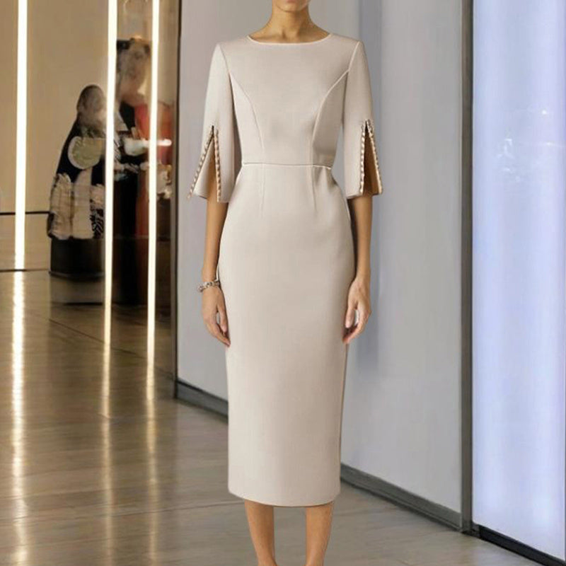 Sophisticated Long Sleeve Midi Dress with Pearl Detailing - Formal & Cocktail Wear Feminé Luxé