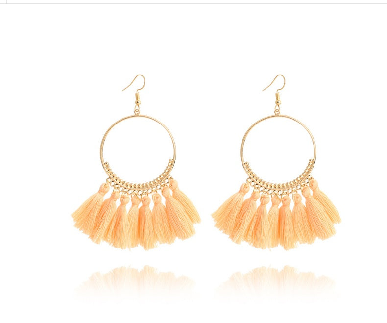 Bohemian Grande Tassel Hoop Earrings | Hand-Woven Fringe Dangles in Geometric Gold Finish Feminé Luxé