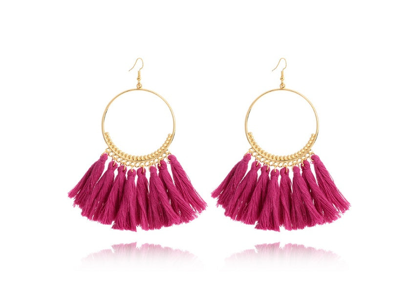 Bohemian Grande Tassel Hoop Earrings | Hand-Woven Fringe Dangles in Geometric Gold Finish Feminé Luxé