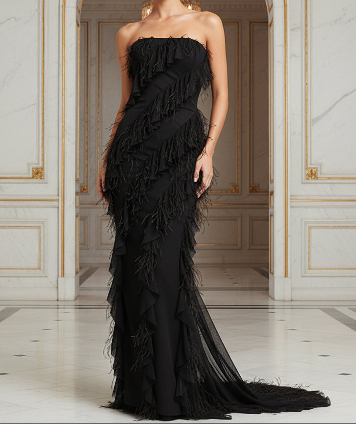 Dramatik Ruffle Tiered Bandeau Gown | Asymmetric High-Slit Party & Gala Dress Feminé Luxé