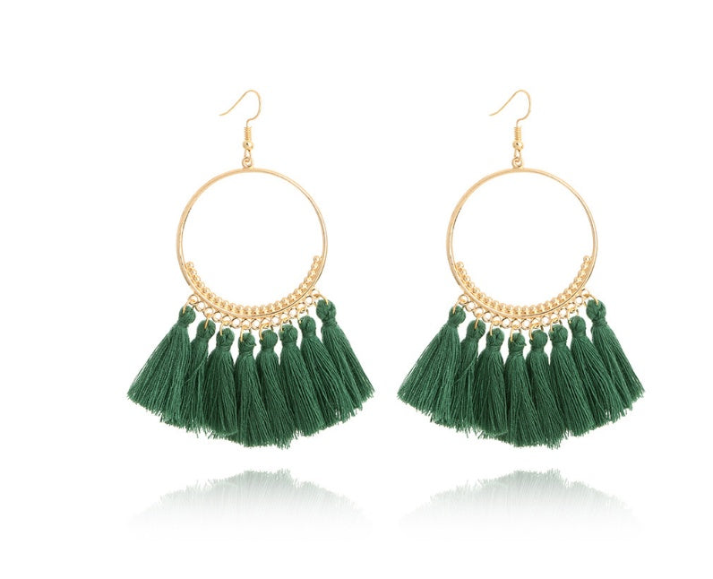Bohemian Grande Tassel Hoop Earrings | Hand-Woven Fringe Dangles in Geometric Gold Finish Feminé Luxé