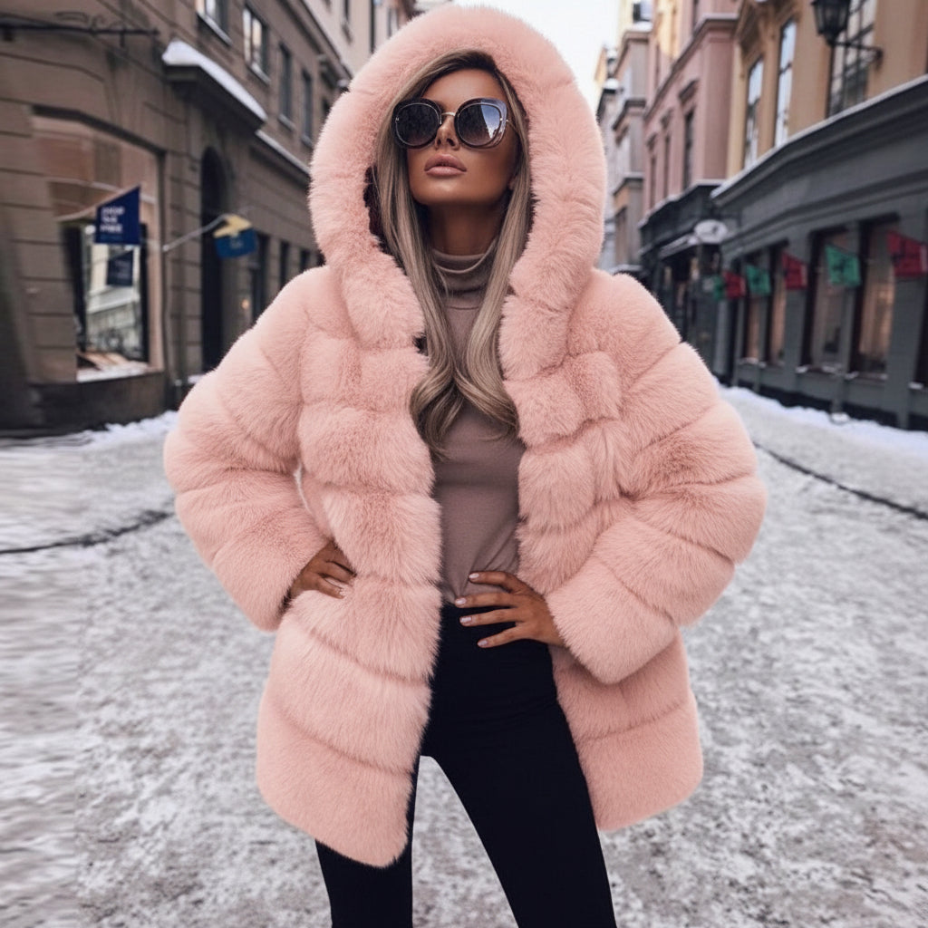 Luxury Fluffy Faux Fur Hooded Winter Coat Feminé Luxé