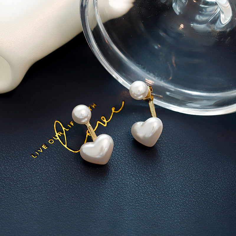 Chic Korean Style Pearl Heart Drop Stud Earrings | Electroplated Alloy with Semi-Precious Stone Inlay Feminé Luxé