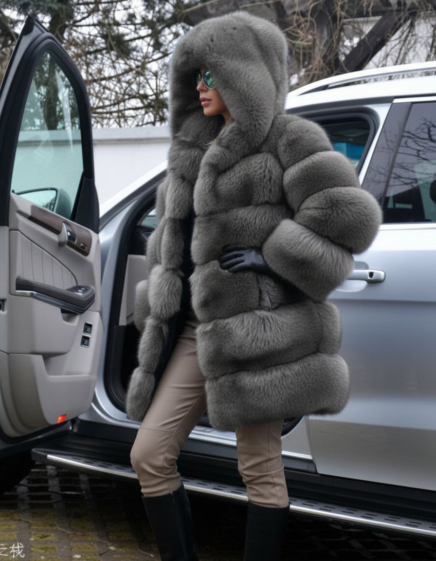 Luxury Fluffy Faux Fur Hooded Winter Coat Feminé Luxé