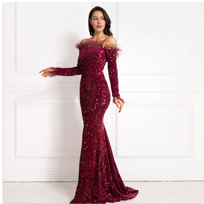 Off-Shoulder Sequined Fishtail Evening Dress – Elegant Party & Formal Gown Feminé Luxé